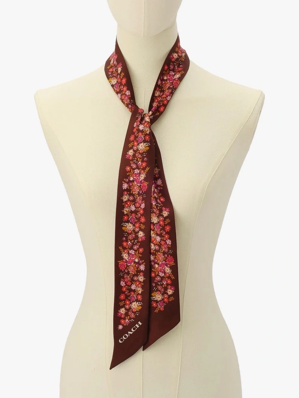 NWT🥀Coach Posey Cluster Silk Skinny Scarf Brown Floral Print Hair Bag Gift CGA46